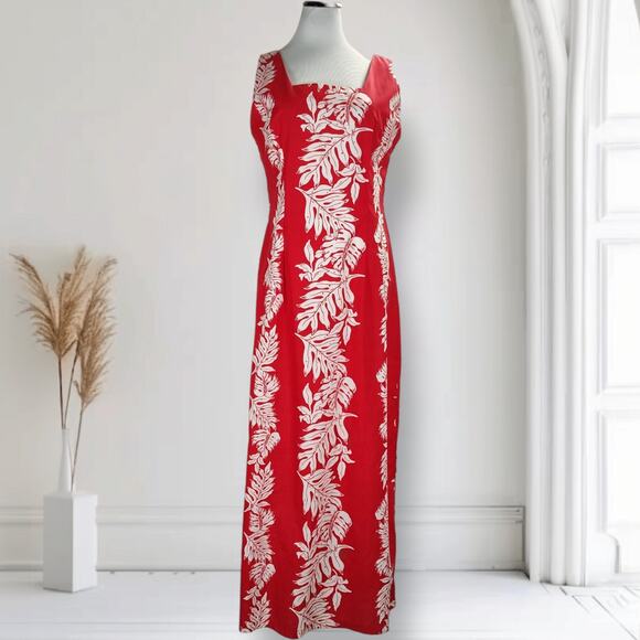 Royal Creations Dresses & Skirts - Vintage Royal Creations Red Leaf Hawaiian Maxi Dress Sleeveless Slit USA Size M